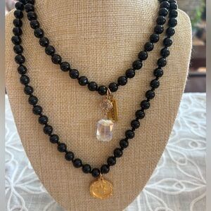 “Enough” Black Double-Knotted Beaded Necklace with Crystals + North Star Coin.